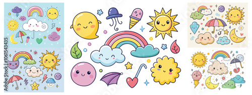 Cute Weather and Nature Icons Collection with Kawaii Style Elements