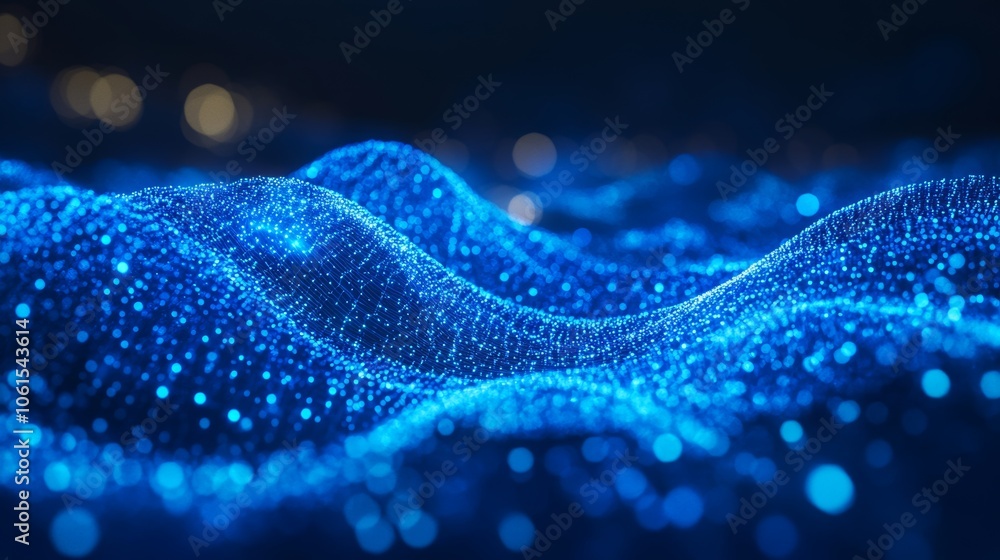 Abstract Blue Digital Wave Pattern with Glowing Particles and Bokeh Lights Abstract Blue Digital Wave Pattern with Glowing Particles and Bokeh Lights