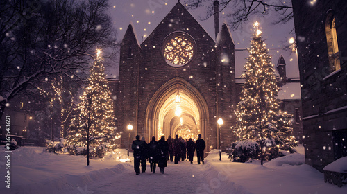 A snowy scene outside a church with parishioners entering for Christmas Eve midnight service.