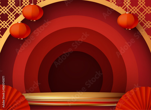 3D round podium in showcase with Chinese gold traditional circle door, paper fans and red lanterns. Circle podium with Asian design elements. Lunar new year offer