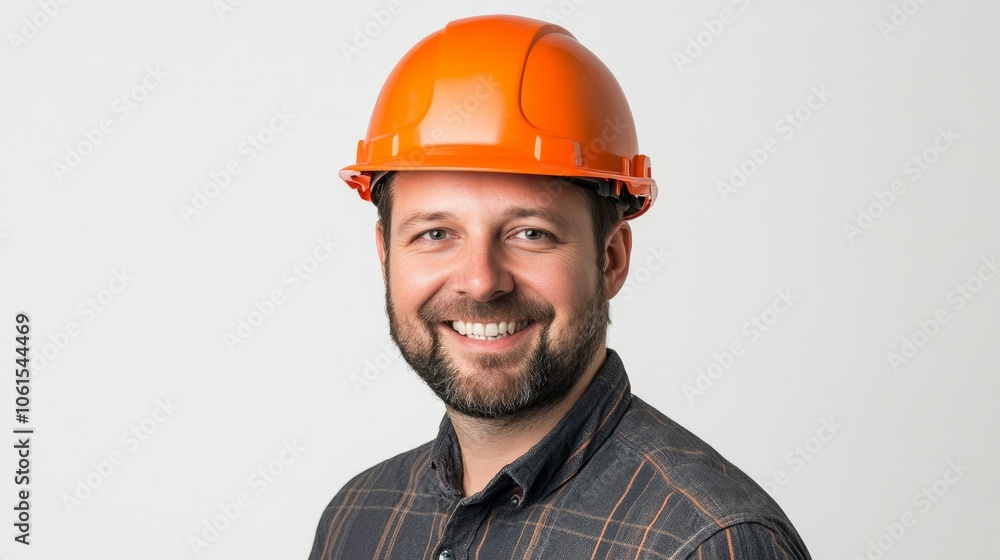 Male engineer with an orange helmet on his head smiles at the camera isolated on white background Male engineer with an orange helmet on his head smiles at the camera isolated on white background