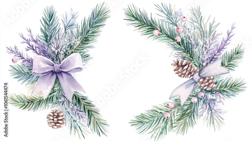 Elegant Watercolor Christmas Frames with Pine Branches and Lavender Ribbons