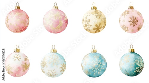 Eight Watercolor Christmas Ornaments in Pastel Colors