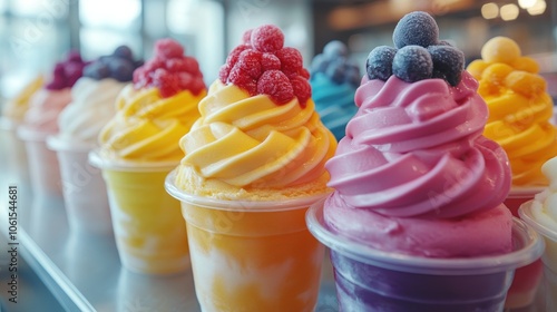 Colorful soft-serve ice creams in plastic cups displayed in a summer shop setting photo