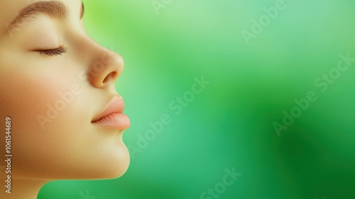 Serene profile of a woman with closed eyes against a vibrant green background, AI