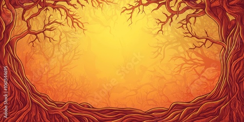 A vibrant illustration of twisted tree branches framing a glowing background.