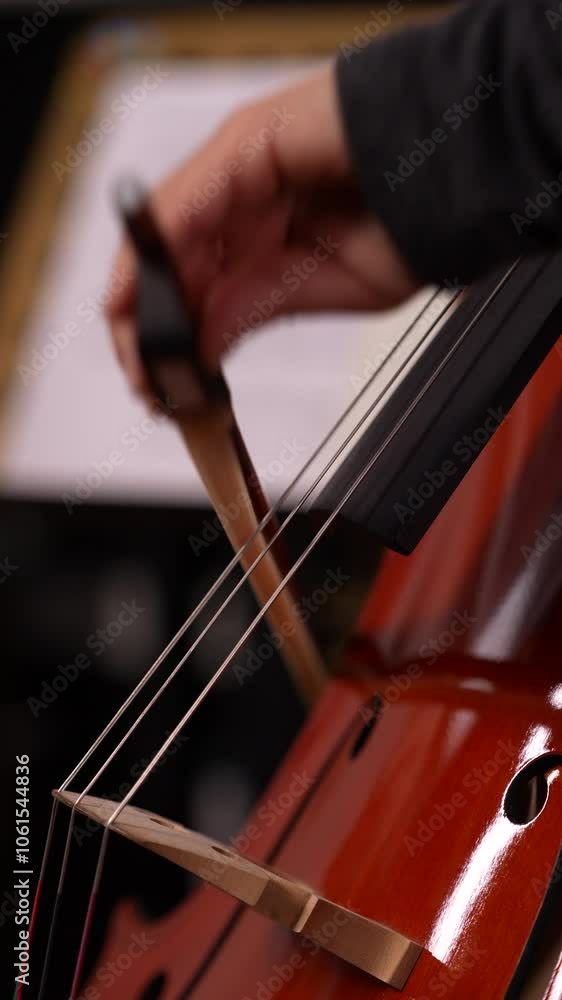 Artistic close-up video capturing the moment when the cellist's fingers move quickly over the strings to play a piece of music. The warm brown tones of the cello and the play of light on the bow refle Artistic close-up video capturing the moment when the cellist's fingers move quickly over the strings to play a piece of music. The warm brown tones of the cello and the play of light on the bow refle