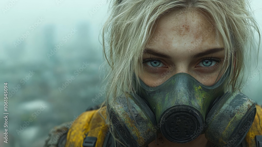 Hyper-realistic image of a blonde woman in a gas mask against a green, hazy post-apocalyptic city Hyper-realistic image of a blonde woman in a gas mask against a green, hazy post-apocalyptic city