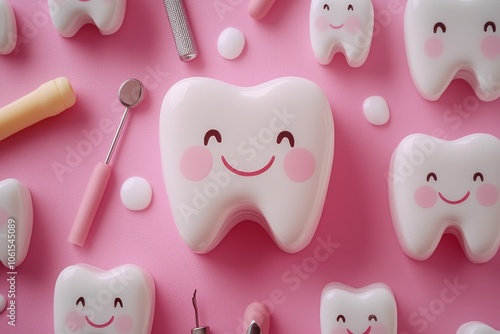 Cheerful white tooth models with dental tools arranged on a pink background