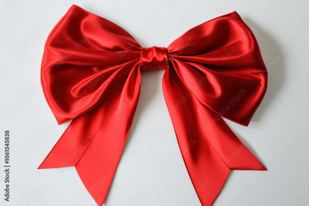 Red bow with big bow on top, set on white table, surrounded by gift wrapping supplies, scissors and ribbons, with sunlight streaming in. Red bow with big bow on top, set on white table, surrounded by gift wrapping supplies, scissors and ribbons, with sunlight streaming in.