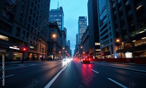 A car is currently driving down a city street during the night