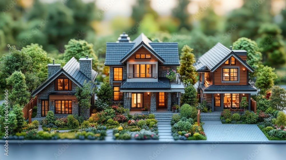 Detailed luxury villas in a suburban housing community, isolated against a clean background. Detailed luxury villas in a suburban housing community, isolated against a clean background.
