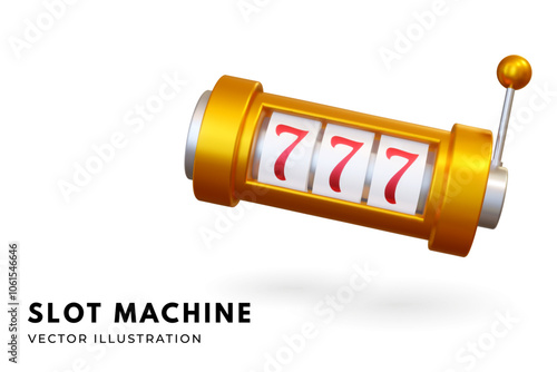 Golden slot machine poster, banner, flyer template. Vector illustration. Game slot concept. Realistic 3d icon for casino and gambling industry