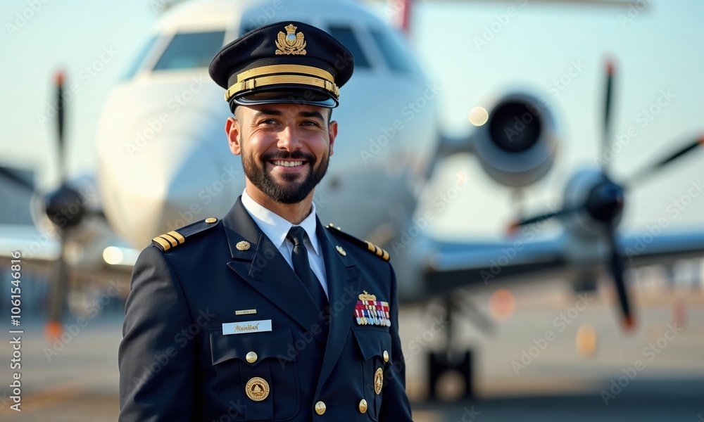 A man dressed in a distinguished military uniform is standing proudly in front of a large airplane on the tarmac A man dressed in a distinguished military uniform is standing proudly in front of a large airplane on the tarmac