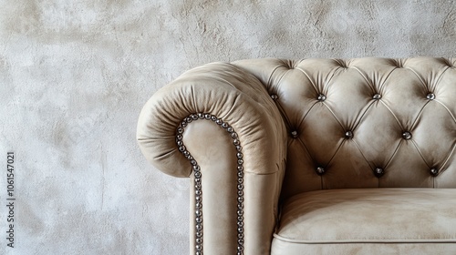 Beige tufted sofa with nailhead trim against a textured wall photo