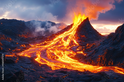 A volcano erupts lava into the air at sunset