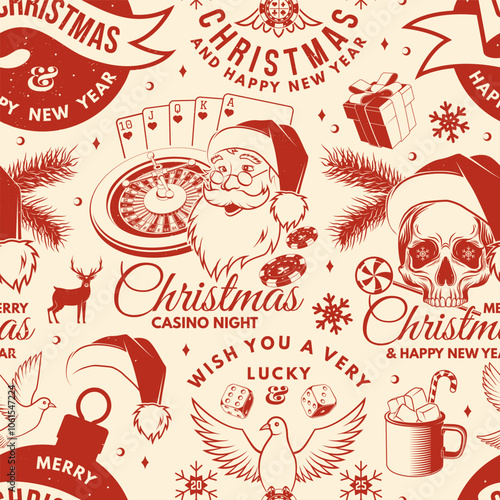 Set of Lucky Christmas casino night. Vintage print, logo, badge design with santa claus, casino dice, dove holding casino chips, poker playing card, slot machines and sweet candy cane. Vector