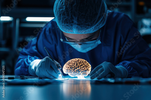 A scientist examines a glowing brain model, highlighting the intricate details and advancements in neurobiology and medical research. photo