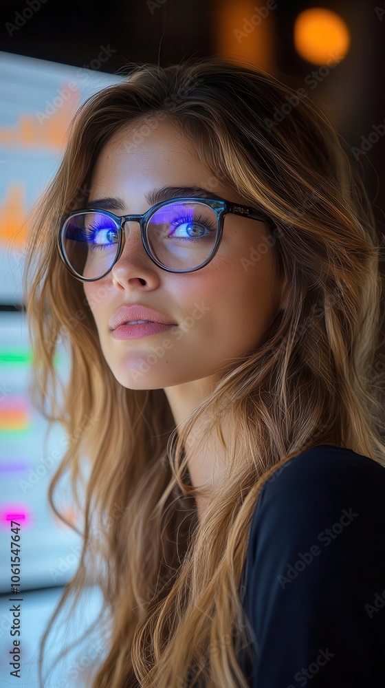professional woman engaged in intensive data analysis on dual monitors in a bright office displaying colorful graphs and charts reflecting the modern business landscape and analytical prowess professional woman engaged in intensive data analysis on dual monitors in a bright office displaying colorful graphs and charts reflecting the modern business landscape and analytical prowess