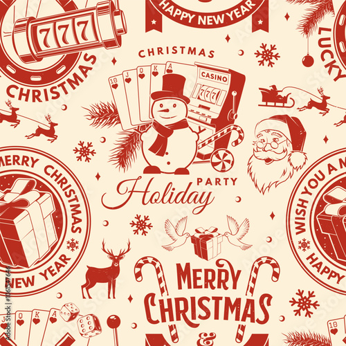 Merry Christmas and Happy New Year seamless pattern with snowflakes, Santa Claus, snowman, casino dice, snowman, poker playing card, slot machines and sweet candy cane. Vector illustration. Christmas