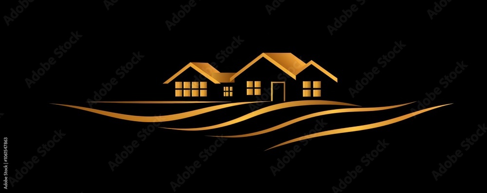 Obraz premium Stylized real estate logo with modern design, featuring a house and trees in minimalistic illustration.