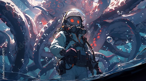 A sea diver confronts a giant squid, colorful anime style photo