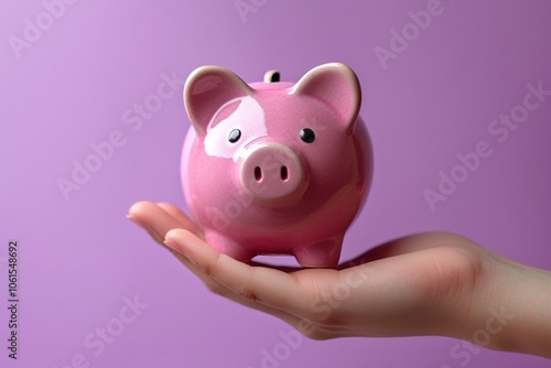 Businessman's hand holding a piggy bank against a light purple background symbolizing finance and money accumulation