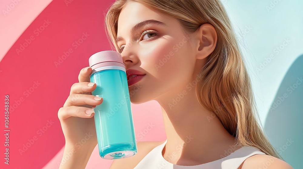 Woman Drinking from Sleek Transparent Container Woman Drinking from Sleek Transparent Container