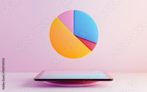 A colorful pie chart and tablet display representing modern data analysis and digital visualization in a vibrant setting.