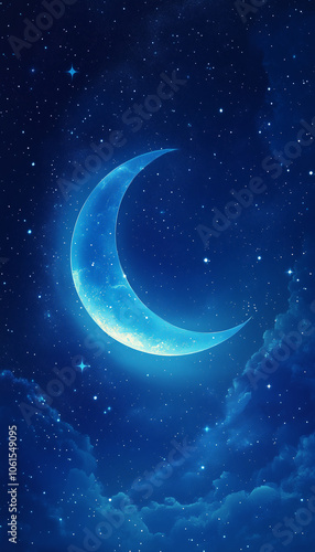 imple and elegant phone wallpaper featuring a minimalist crescent moon and stars on a dark blue background, soft glow effect around the moon