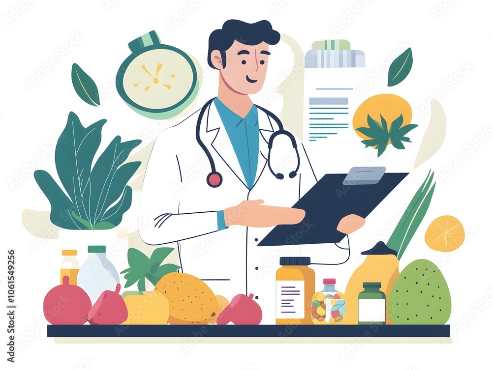 A doctor analyzing healthy foods with a clipboard, emphasizing nutrition and wellness for a balanced lifestyle. A doctor analyzing healthy foods with a clipboard, emphasizing nutrition and wellness for a balanced lifestyle.