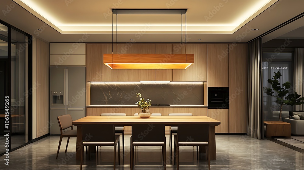 A modern dining room with a wooden table and chairs, a rectangular light fixture hangs from the ceiling, and there are cabinets and a kitchen counter in the background. A modern dining room with a wooden table and chairs, a rectangular light fixture hangs from the ceiling, and there are cabinets and a kitchen counter in the background.