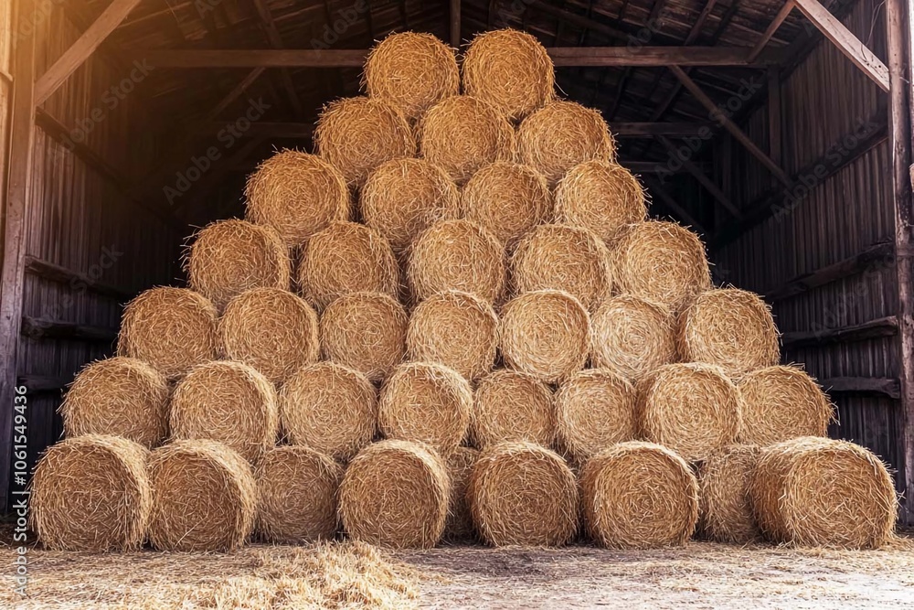 Stacked straw bales create an artistic display in a rustic barn at sunset. Generative AI Stacked straw bales create an artistic display in a rustic barn at sunset. Generative AI