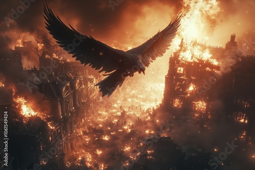 A majestic phoenix, symbolizing rebirth and resilience, flies over a city ravaged by a massive inferno. photo