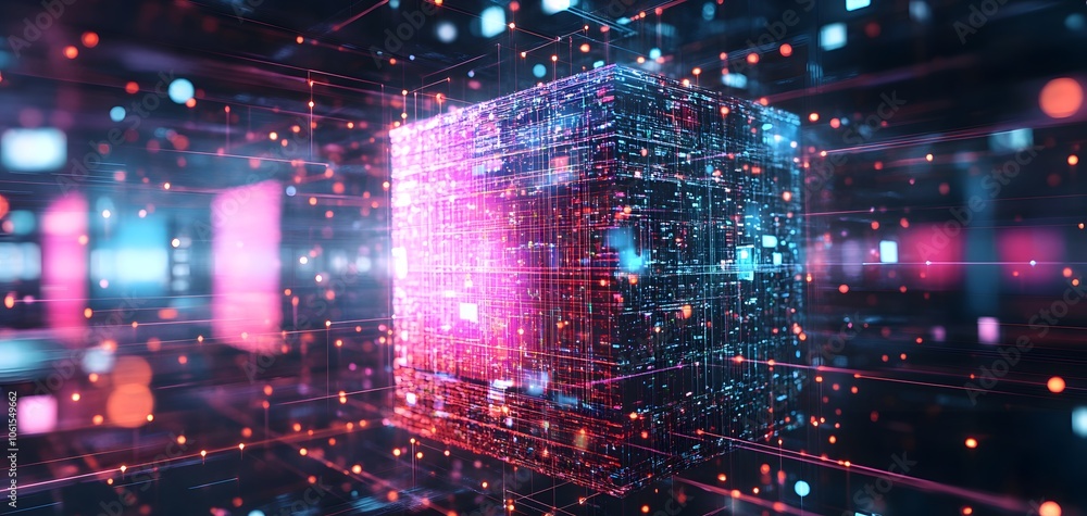 A futuristic digital cube surrounded by luminous particles, embodying advanced technology and innovation in a virtual environment. A futuristic digital cube surrounded by luminous particles, embodying advanced technology and innovation in a virtual environment.