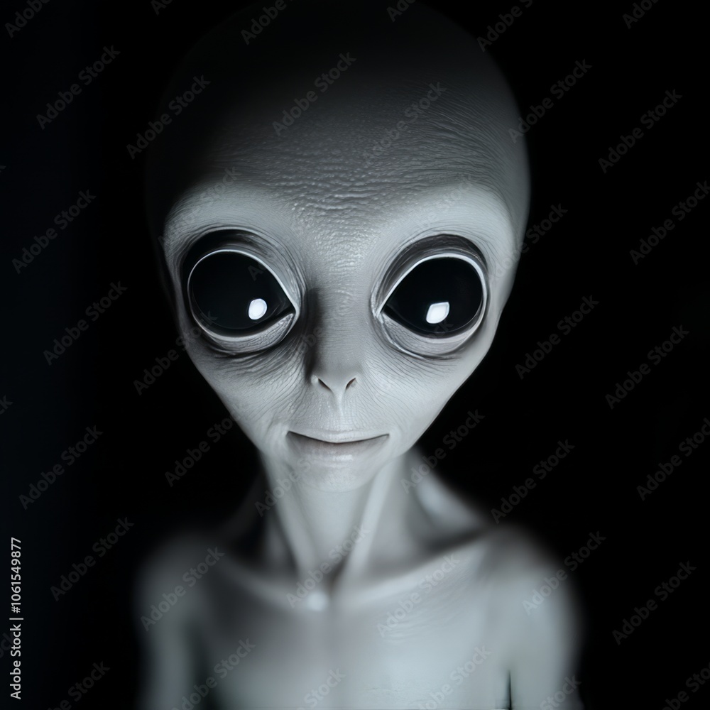 A close-up portrait of a gray alien with large black eyes, looking directly at the camera. A close-up portrait of a gray alien with large black eyes, looking directly at the camera.