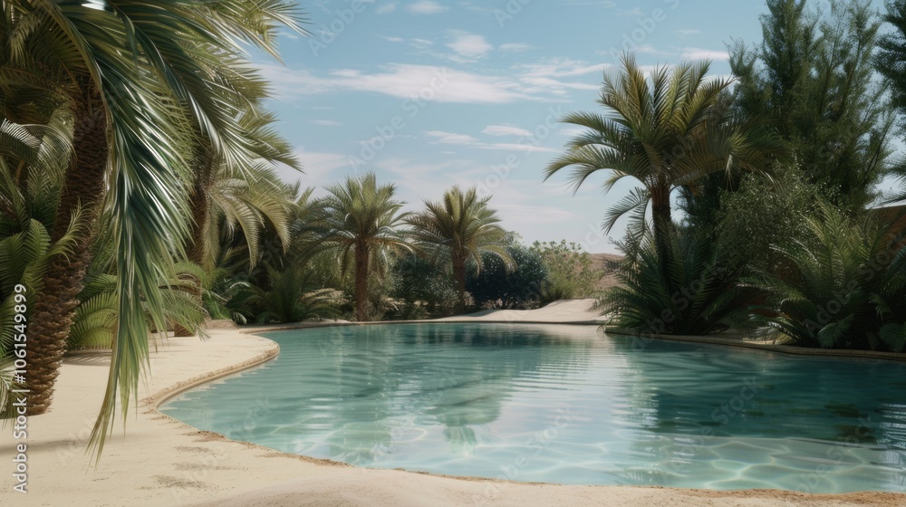 Fototapeta premium A tranquil oasis pool set amidst verdant palms and a bright sky, offering a picturesque retreat in a desert landscape.