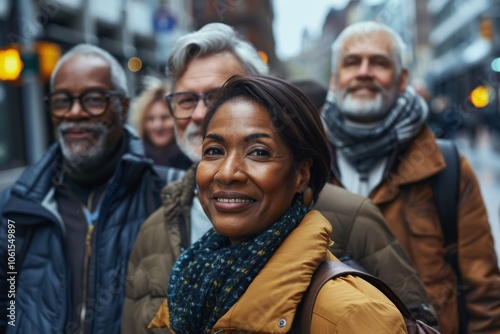 Portrait of a smiling senior woman with her friends standing in the city