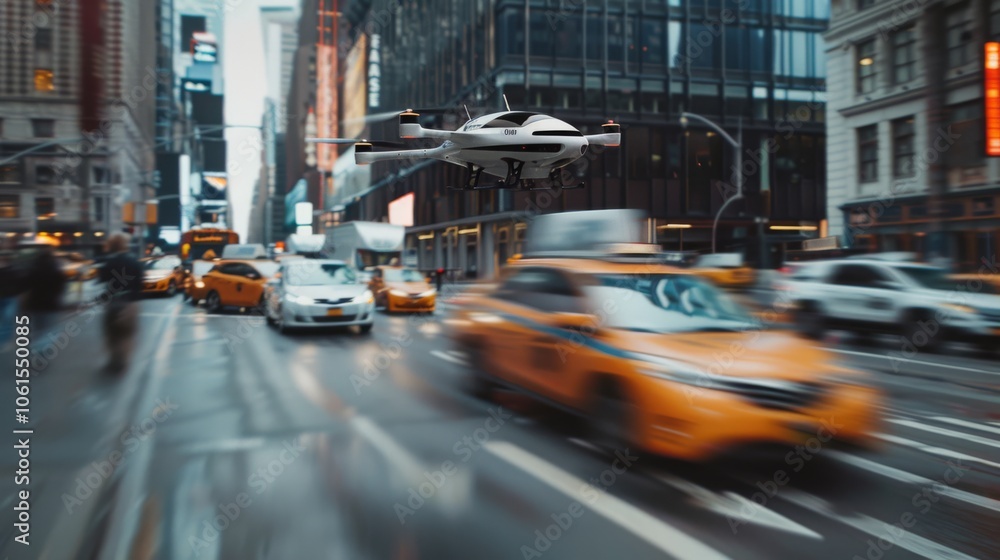 A futuristic drone hovers above a bustling city street, amidst blurred taxis, offering a glimpse into modern technology in urban life. A futuristic drone hovers above a bustling city street, amidst blurred taxis, offering a glimpse into modern technology in urban life.
