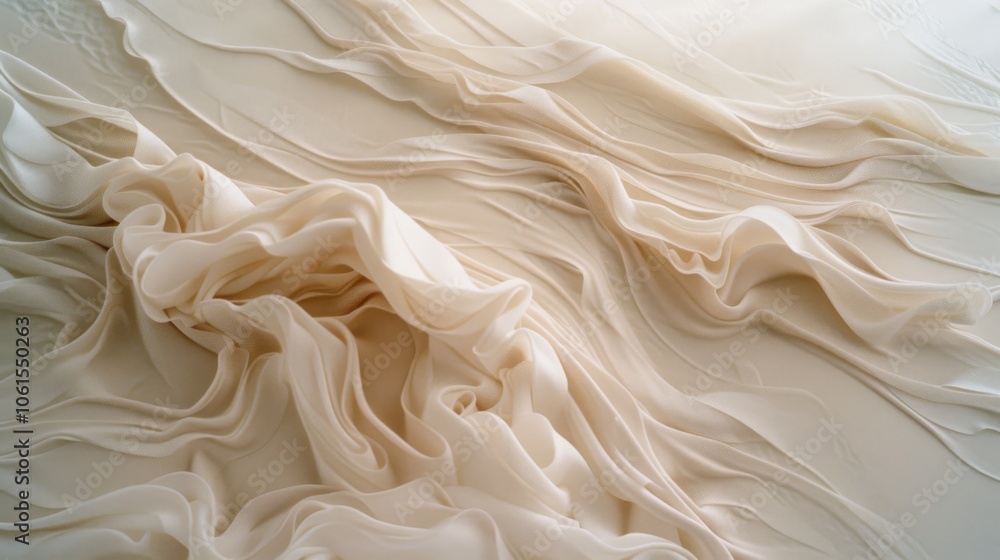 Fototapeta premium Delicately ruffled cream fabric folds create a serene landscape of soft textures and gentle waves, evoking tranquility and elegance.