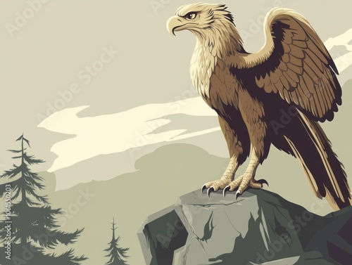 A stylized eagle perched on a rock, set against a minimalist landscape. photo