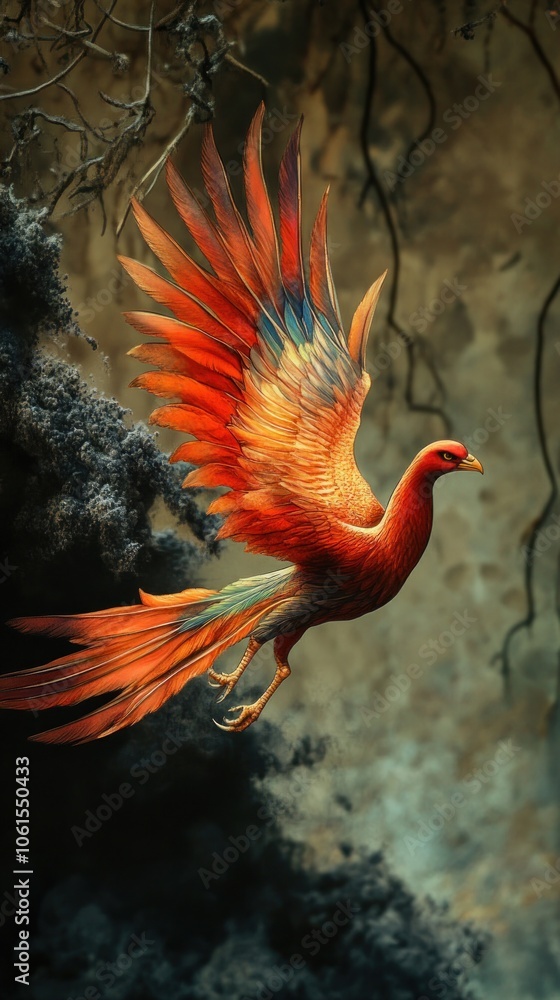 A vibrant phoenix with fiery plumage takes flight against a dark, mystical background. A vibrant phoenix with fiery plumage takes flight against a dark, mystical background.