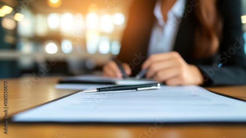 HR manager meticulously reviewing complaint files in a well-organized office setting, emphasizing the importance of fairness and thoroughness in workplace conflict resolution.