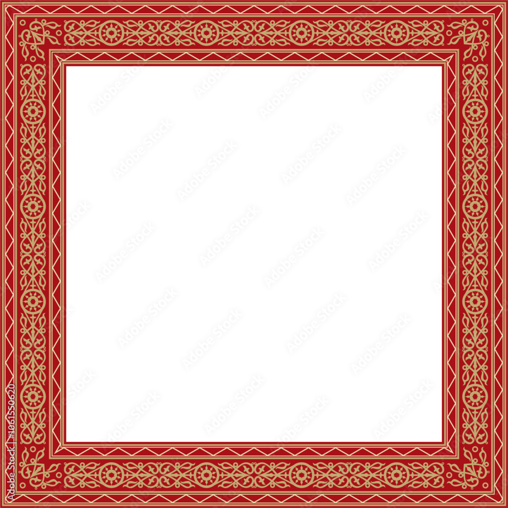 Vector gold and red square Yakut ornament. Infinite rectangle, border, frame of the northern peoples of the Far East. Vector gold and red square Yakut ornament. Infinite rectangle, border, frame of the northern peoples of the Far East.