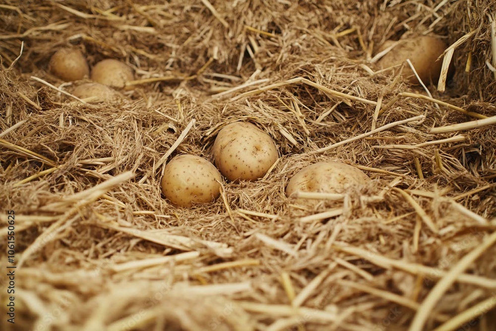 Harvesting golden potatoes nestled in a straw bed on a sunny afternoon. Generative AI Harvesting golden potatoes nestled in a straw bed on a sunny afternoon. Generative AI