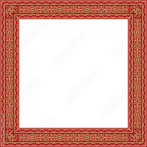 Vector gold and red square Yakut ornament. Infinite rectangle, border, frame of the northern peoples of the Far East.