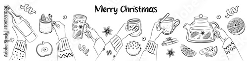 Merry Christmas banner. Group of people drinking winter drinks. Hands hold cups of mulled wine. People celebrate Christmas and New Year together. Sketch style.