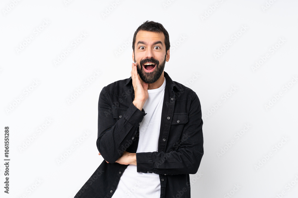 Young man with beard over isolated white background with surprise and shocked facial expression Young man with beard over isolated white background with surprise and shocked facial expression