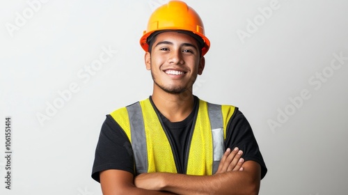 Young happy hispanic man construction worker smiling with arms crossed isolated on white background