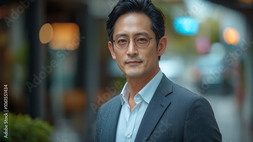 Headshot of a middle-aged Asian businessman wearing a suit and glasses, standing in a slightly blurred urban environment.